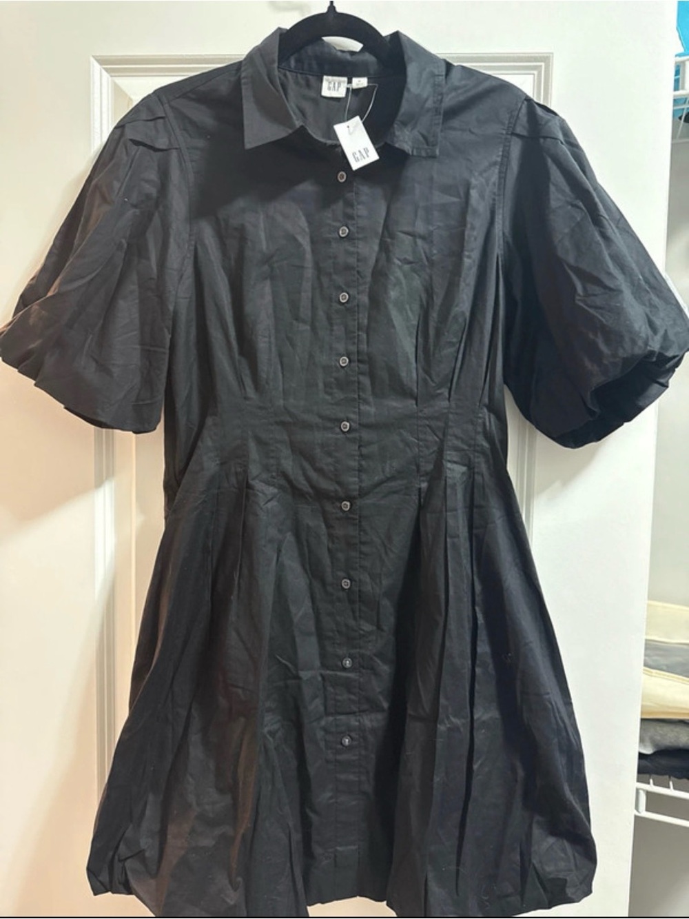 GAP Black Button-Front Puff Sleeve Shirt Dress
